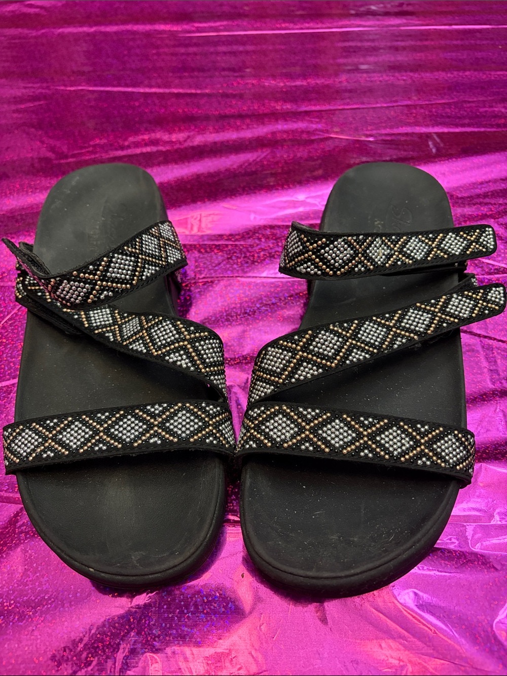 Skechers Black Beaded Multi-Strap Slide Sandals